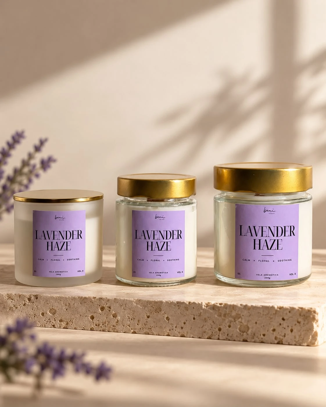 Velas Lavender Haze da coleção VOL. II em três frascos com tampas douradas