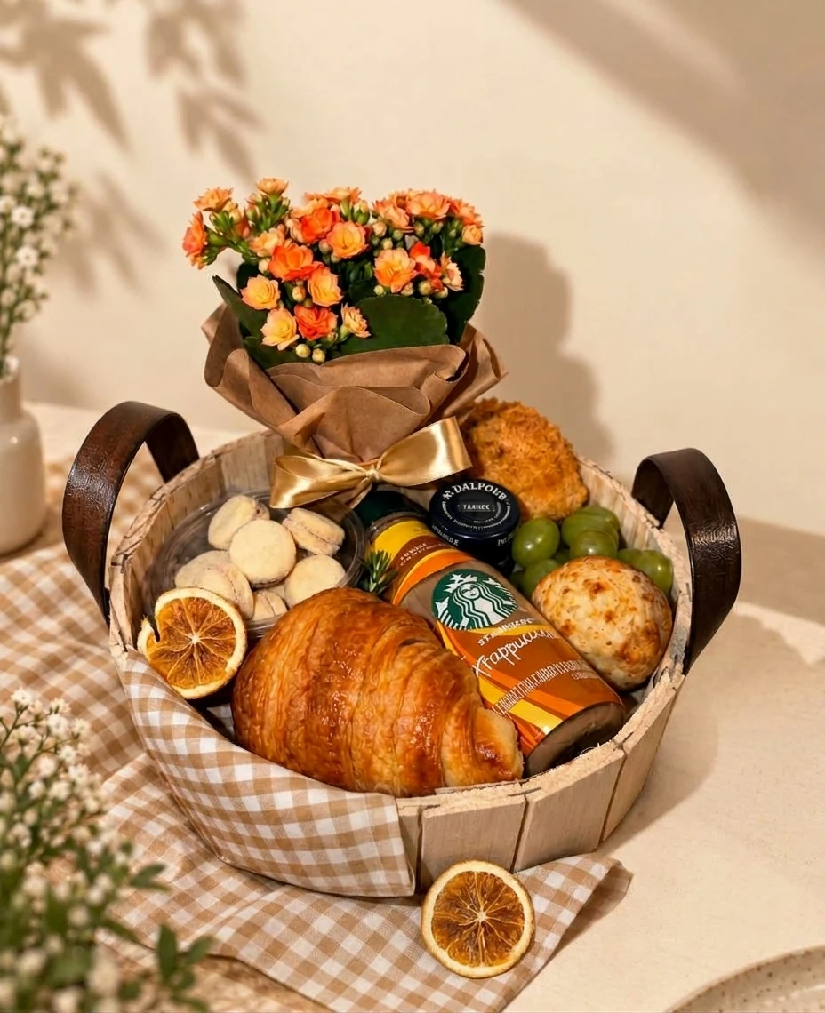 Cesta de presente Beni com flores, frutas e uma seleção de alimentos